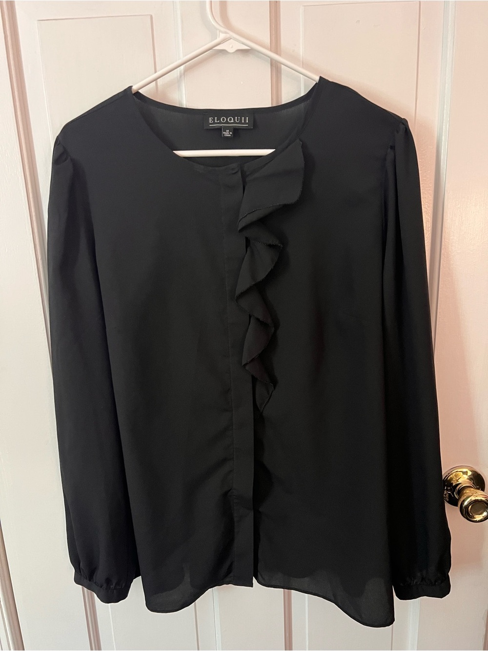 Eloquii Black Ruffle-Front Long-Sleeve Blouse